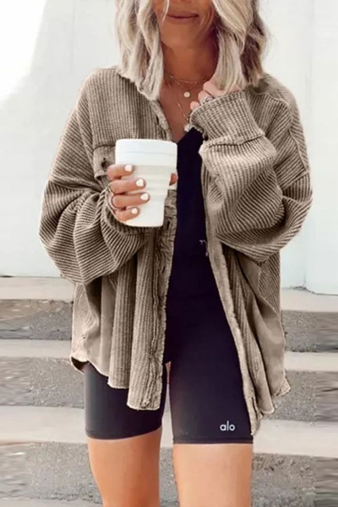 Women's Fashion Breasted Elegant Solid Color Ribbed Casual Loose Coats