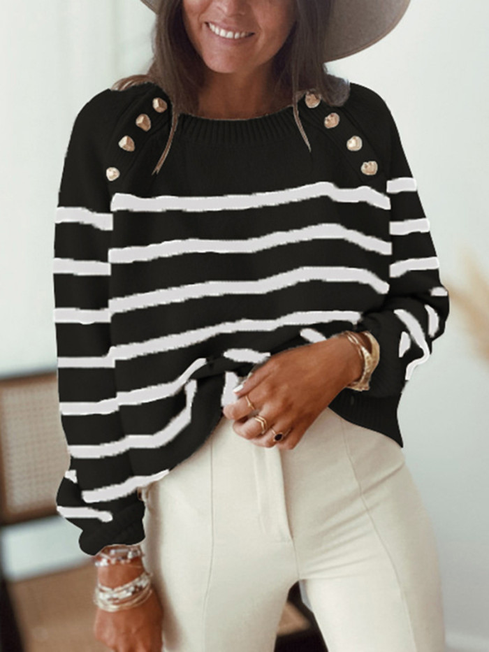One Shoulder Button British Style Black and White Striped Fashion Women's   Sweaters
