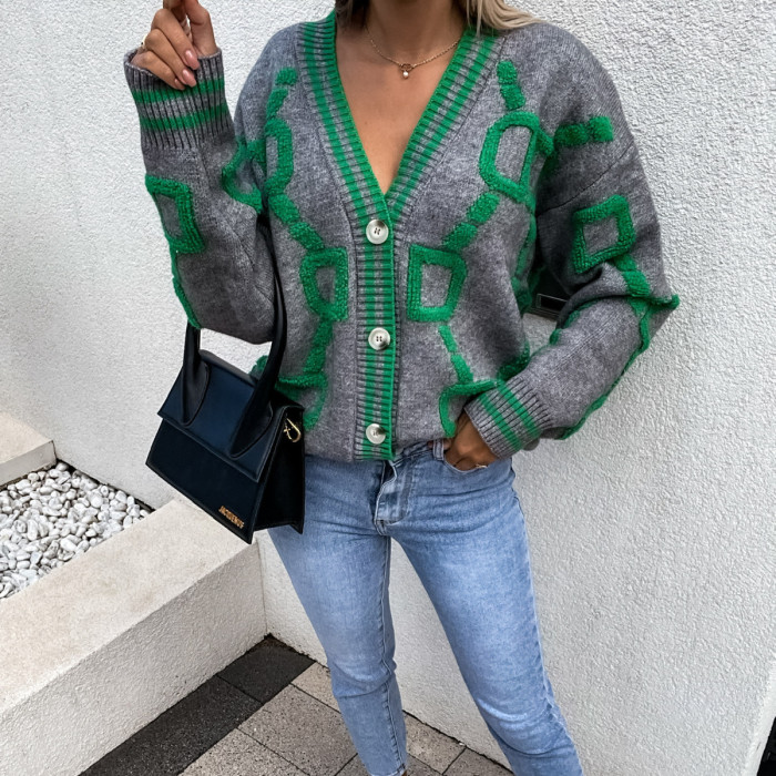 Women's Alphabet Print V-Neck Retro Loose Casual Fashion Sweaters  Cardigans