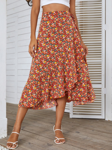 High Waist Slim A-Line Sweet Floral Irregular Skirt