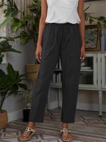Women's New Solid Color Elastic Waist Cotton Linen Loose Casual Pants