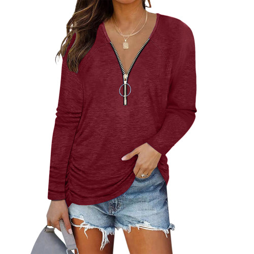 Women's V-Neck Zipper Fashion Solid Color Smocked Casual  Shirts