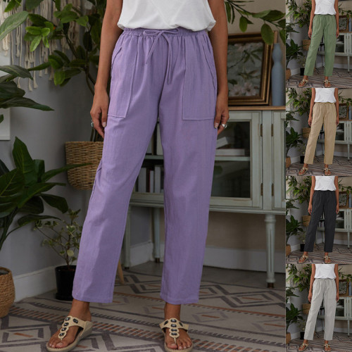 Women's New Solid Color Elastic Waist Cotton Linen Loose Casual Pants
