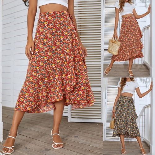 High Waist Slim A-Line Sweet Floral Irregular Skirt