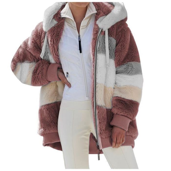 Women's Faux Fur Casual Warm Plush Patchwork Chain Pocket  Coats