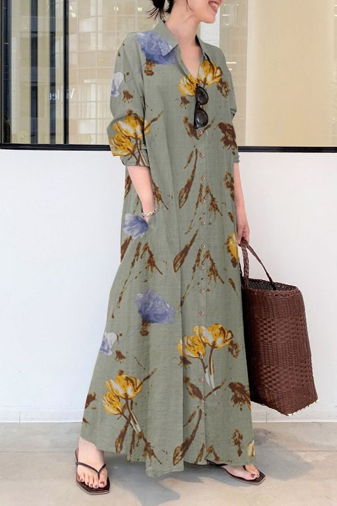 Long Sleeve Lapel Casual Print Loose Fashion Elegant  Maxi Dress