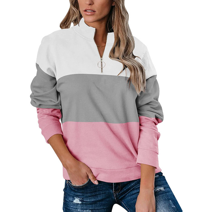 Women's Fashion Print Zip Stand Collar Loose Casual Versatile Sweatshirt