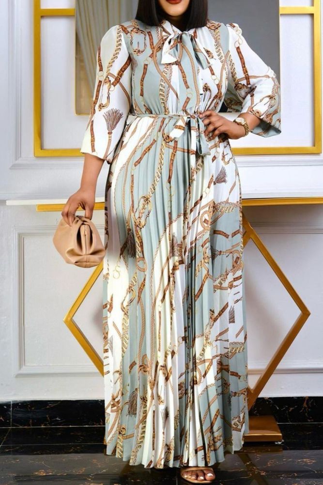 Fashion Long Sleeve Printed Pleated Tie Party Maxi Dress