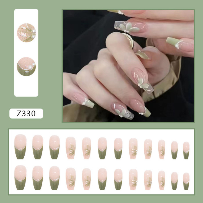 24Psc Pearl Camellia Natural Small Fresh Wearing Nail Exquisite Finished  False Nails