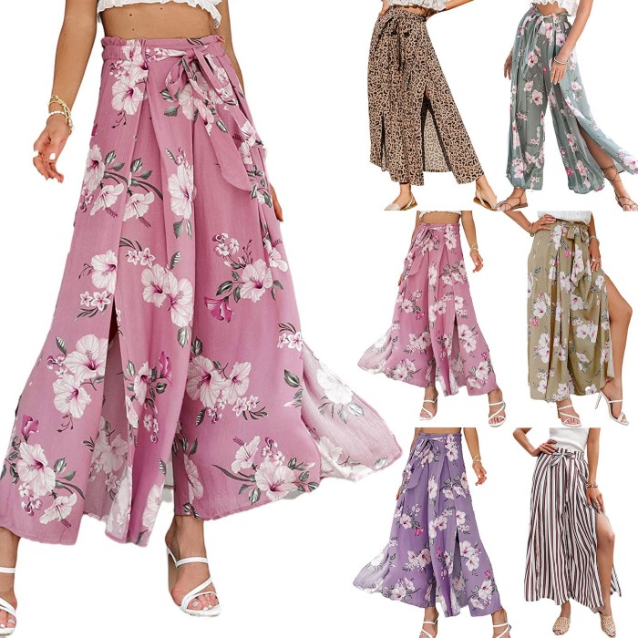 Women's Floral Print Loose Elastic Waist Tie Slit Casual High Waist Pants