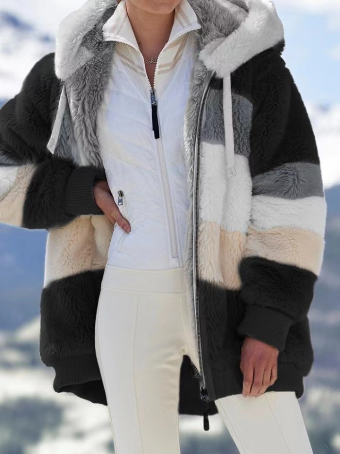 Women's Faux Fur Casual Warm Plush Patchwork Chain Pocket  Coats