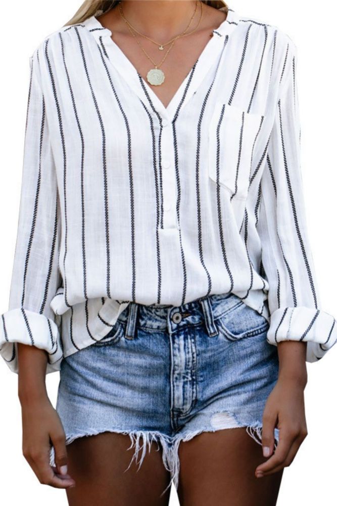 Women's Casual Loose Striped V-Neck Button-Up Fashion Shirts