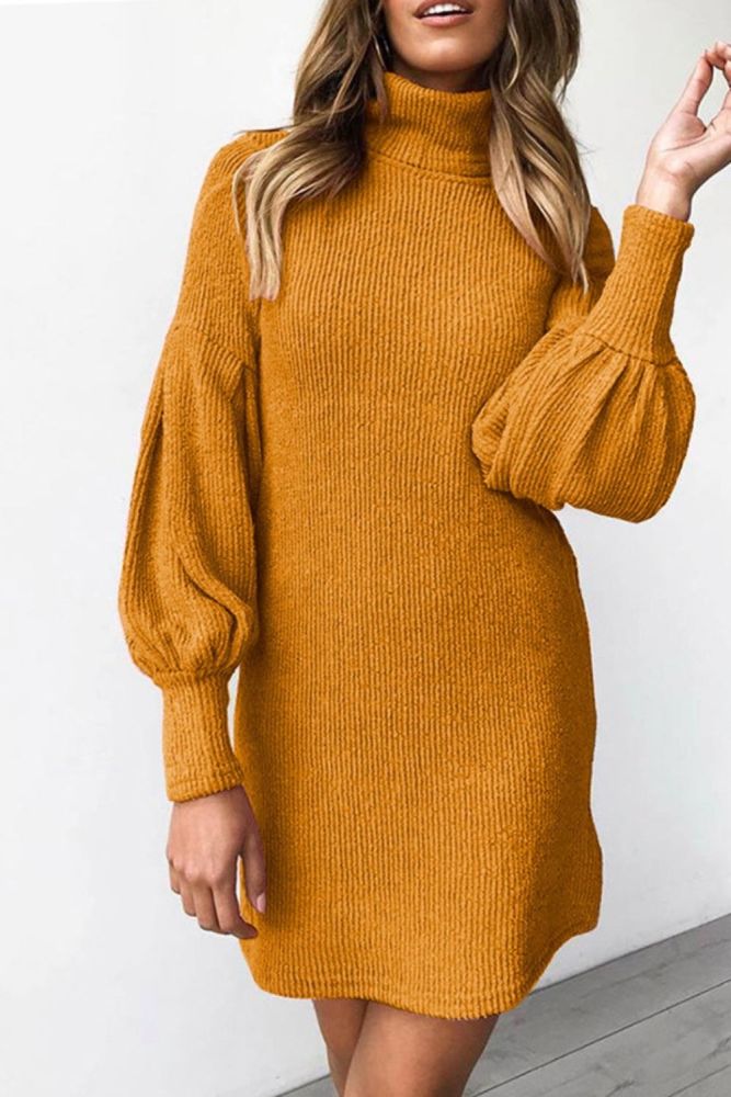 Fashionable Warm Turtleneck Threaded Long Sleeve Solid Color  Sweater Dress