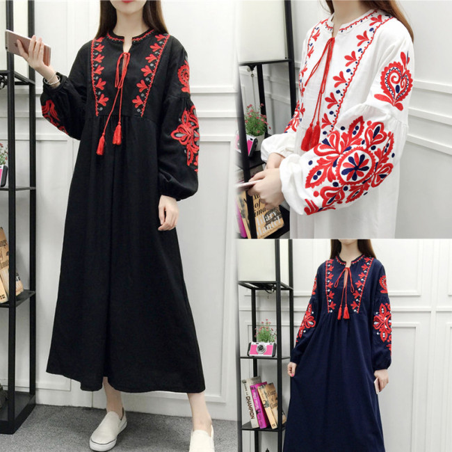 Bohemian Round Neck Tassel Printed Colour Belted Long Sleeve Casual Maxi Dress