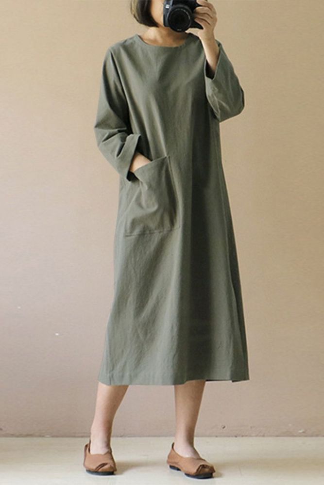 Fashion Elegant Solid Color Round Neck Retro Long Sleeve Cotton Linen Dress
