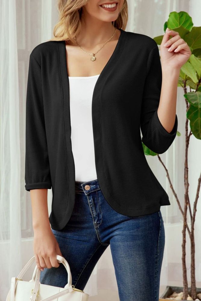 Women's Retro V-Neck Casual Thin Ninth Sleeves Solid Color Cardigans