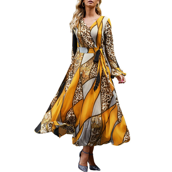 Fashion Print Boho V-Neck High Waist Elegant  Maxi Dress