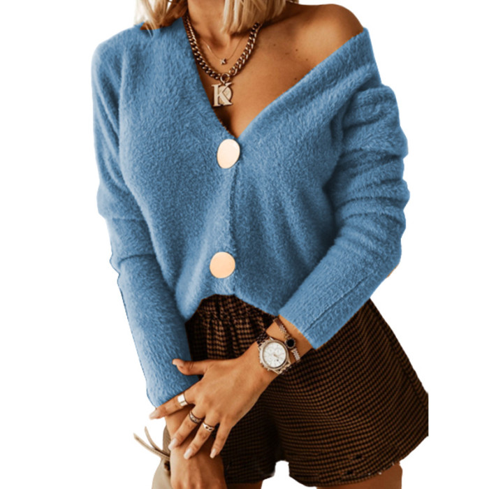 Women's Fashion Casual Solid Color Long Sleeve Buttoned Fur Cardigan