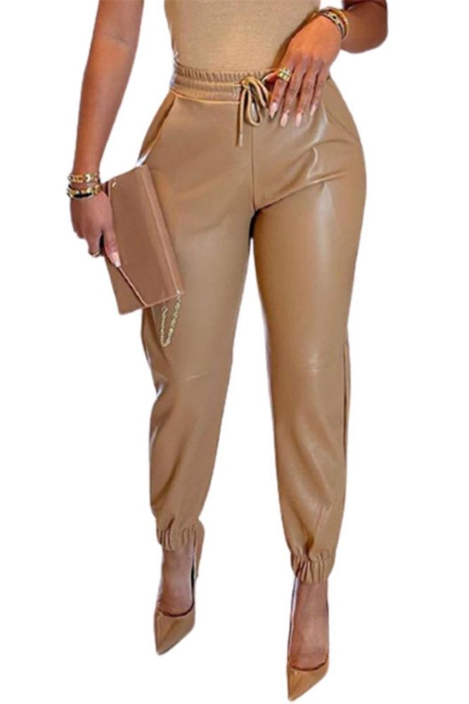 Casual Fashion PU Leather High Waist Drawstring Solid Color Pants