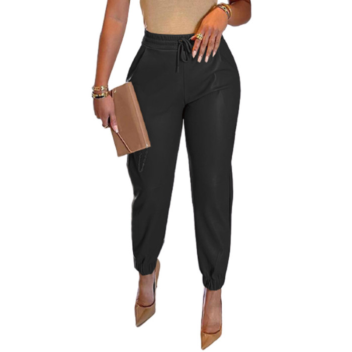 Casual Fashion PU Leather High Waist Drawstring Solid Color Pants