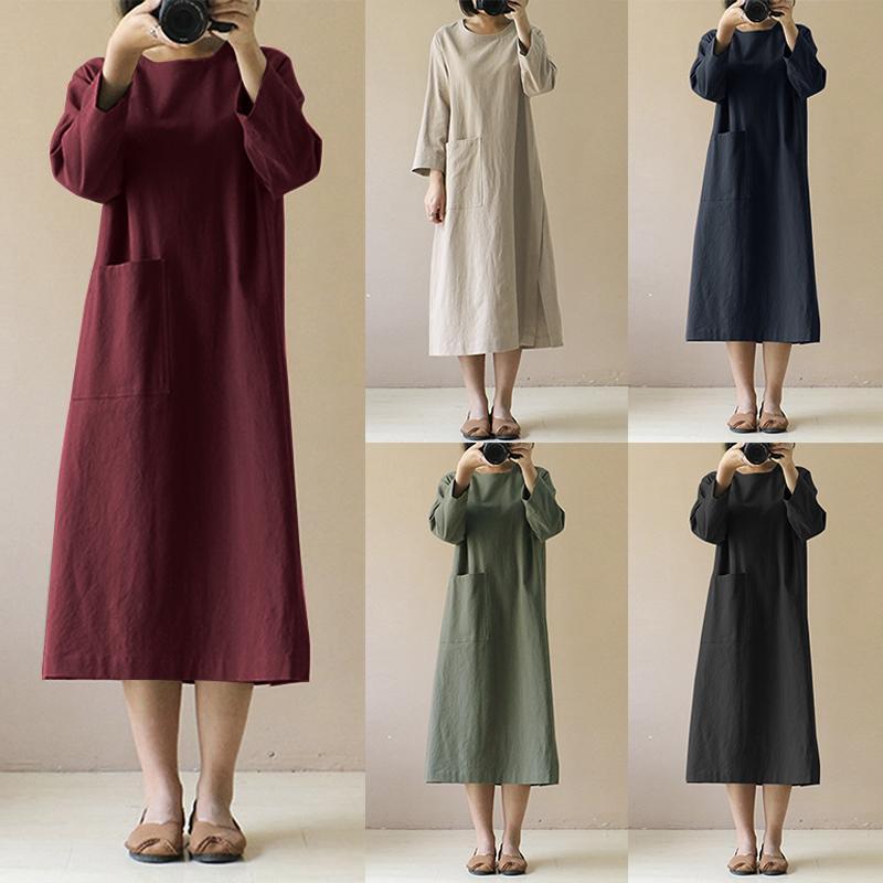 Fashion Elegant Solid Color Round Neck Retro Long Sleeve Cotton Linen Dress