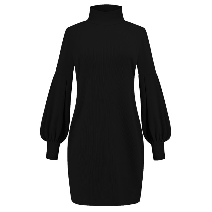 Fashionable Warm Turtleneck Threaded Long Sleeve Solid Color  Sweater Dress