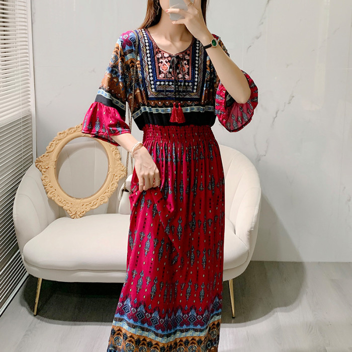 Boho Elegant Ethnic High Waist Mid Sleeves Round Neck A-Line Swing Maxi Dress
