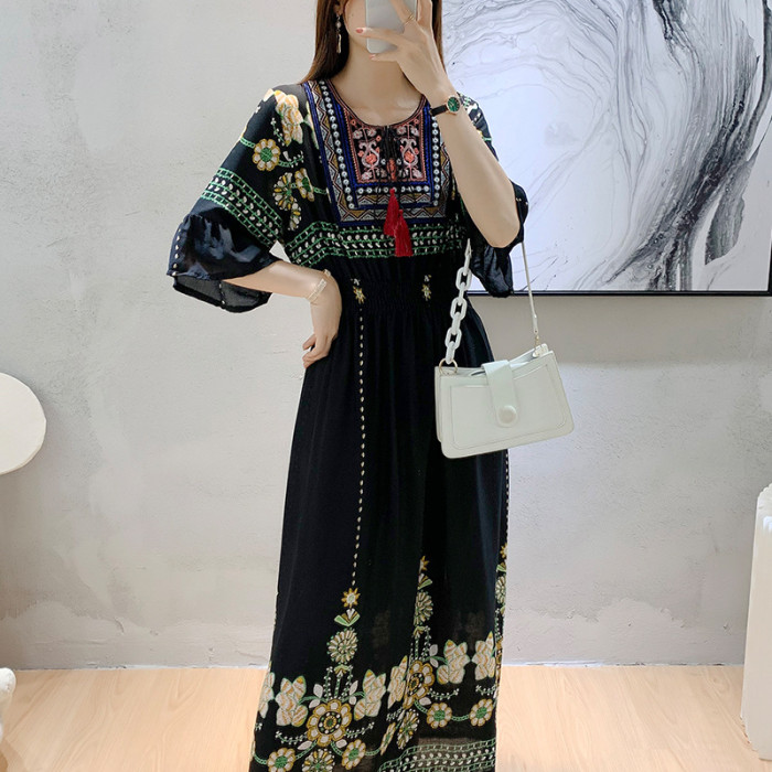 Boho Elegant Ethnic High Waist Mid Sleeves Round Neck A-Line Swing Maxi Dress