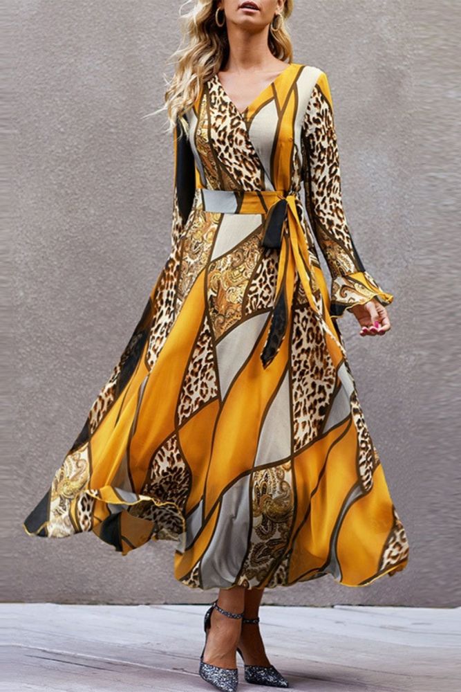 Fashion Print Boho V-Neck High Waist Elegant  Maxi Dress