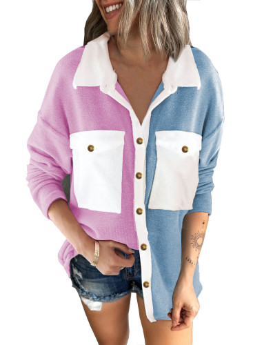 Women's Fleece Colorful Patchwork Lapel Loose Casual Street Fashion Shirt