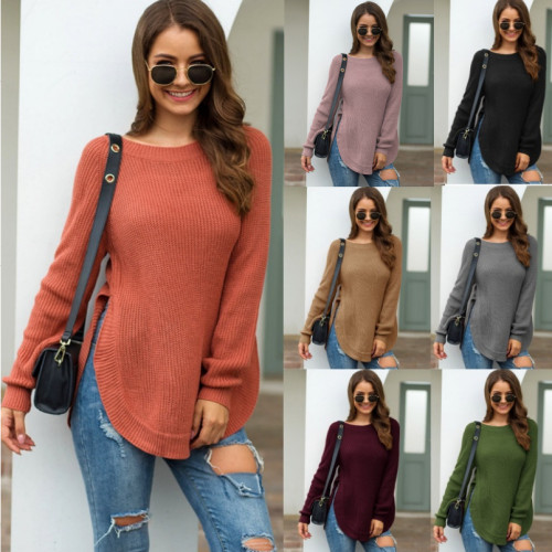 Women's Fashion Round Neck Long Sleeve Hem High Slit Sweater