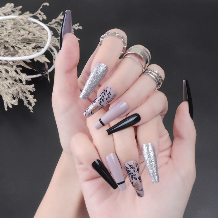 24 Pieces of Long Ballet Leaves Flower Pattern Wearing  False Nails