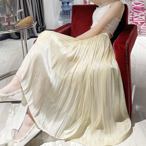 Elegant Mid Length Silk Pleated Fashion High Waist Pearlescent A-Line Skirt