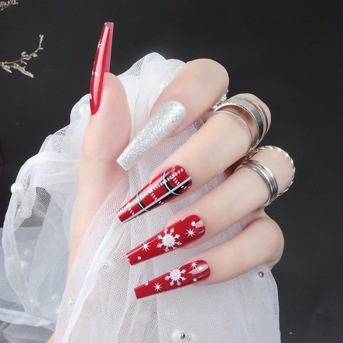 Exquisite Christmas Wearing A Snowflake Plaid Big Red Festive Long Ballet Fake Nails