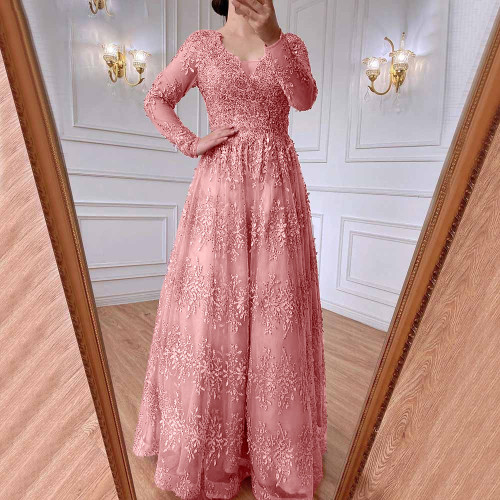 Fashion Pink Floral Sexy Lace V-Neck Solid Color Party Prom Dress