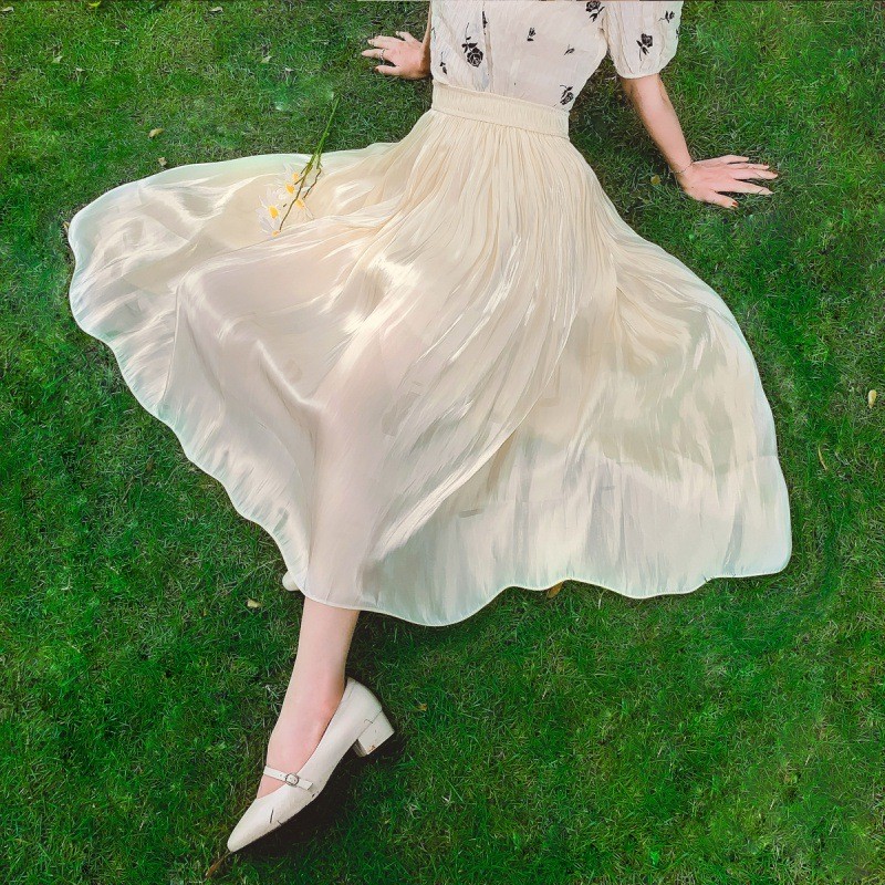 Elegant Mid Length Silk Pleated Fashion High Waist Pearlescent A-Line Skirt