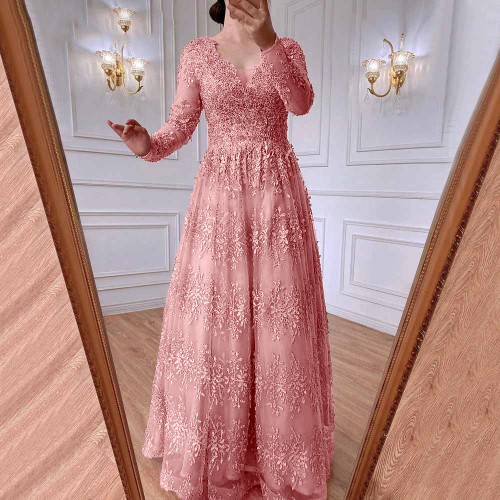 Fashion Pink Floral Sexy Lace V-Neck Solid Color Party Prom Dress
