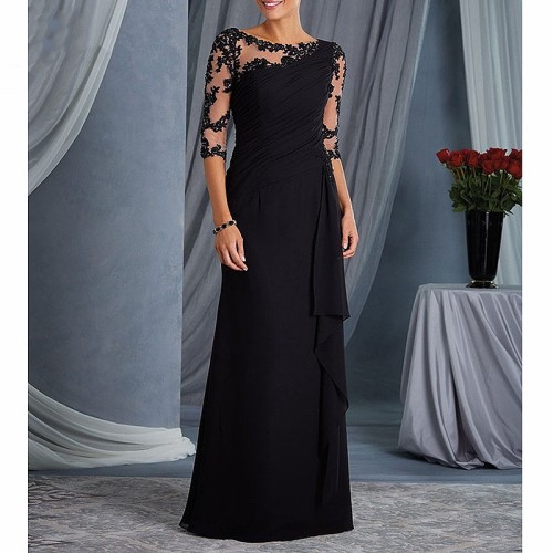 Fashion Long Lace Sheer Round Neck Mid Sleeve Appliquéd Chiffon Prom Dress