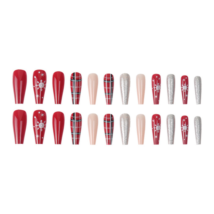 Exquisite Christmas Wearing A Snowflake Plaid Big Red Festive Long Ballet Fake Nails