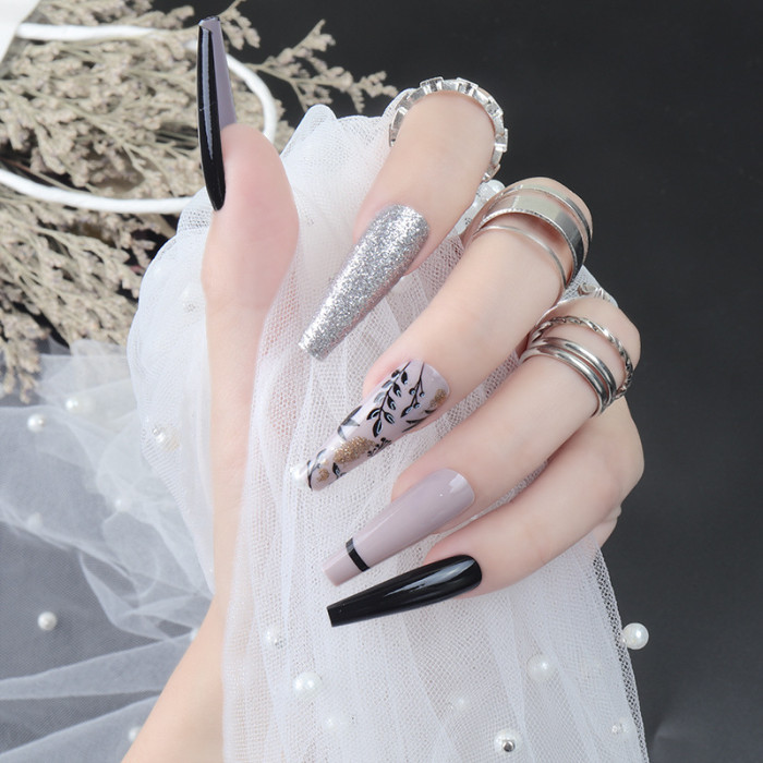 24 Pieces of Long Ballet Leaves Flower Pattern Wearing  False Nails