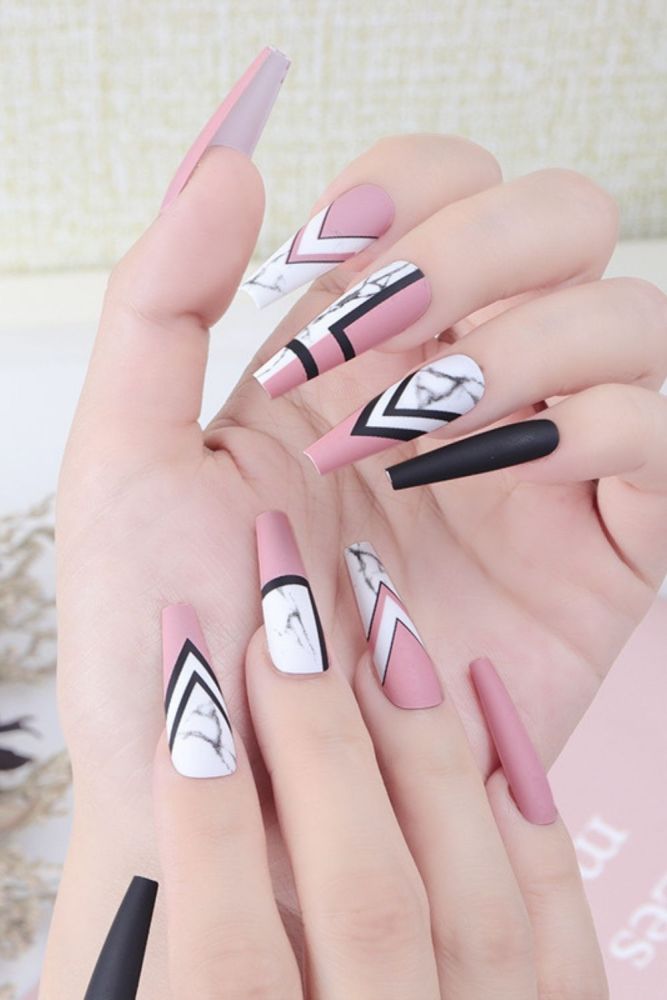 Delicate Marbled Long Ballet Intricate Pattern Removable  False Nails