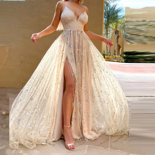 Trendy Sexy Sequins Shiny Deep V Neck Split Evening Party Swing Prom Dress