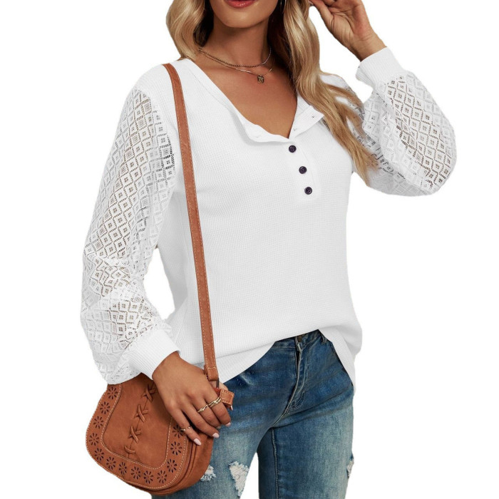 Women's Solid Color Lace POLO Collar Patchwork Long Sleeve Loose  Blouses & Shirts