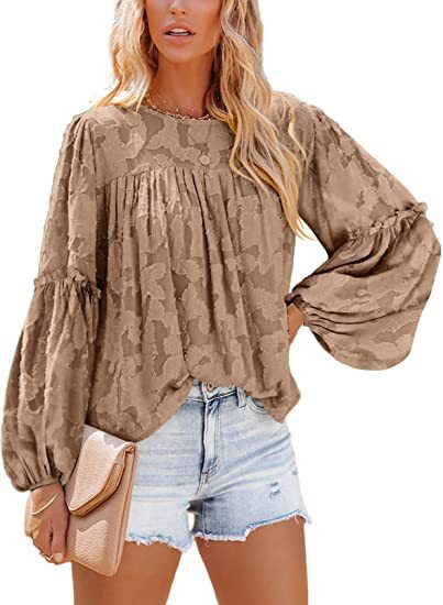Women's Fashion Lantern Sleeve Lace Hollow Out Casual Loose Shirt
