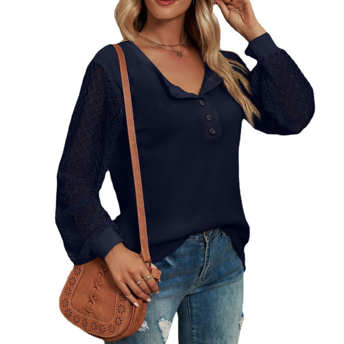 Women's Solid Color Lace POLO Collar Patchwork Long Sleeve Loose  Blouses & Shirts