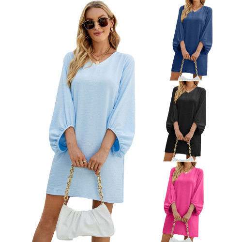 Solid Color V-Neck  Puff Sleeve Loose Fashion  Casual Dress