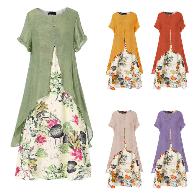 Women's Chic Fashion Bohemian Loose Floral Swing  Linen Dress