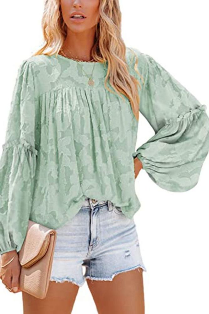 Women's Fashion Lantern Sleeve Lace Hollow Out Casual Loose Shirt