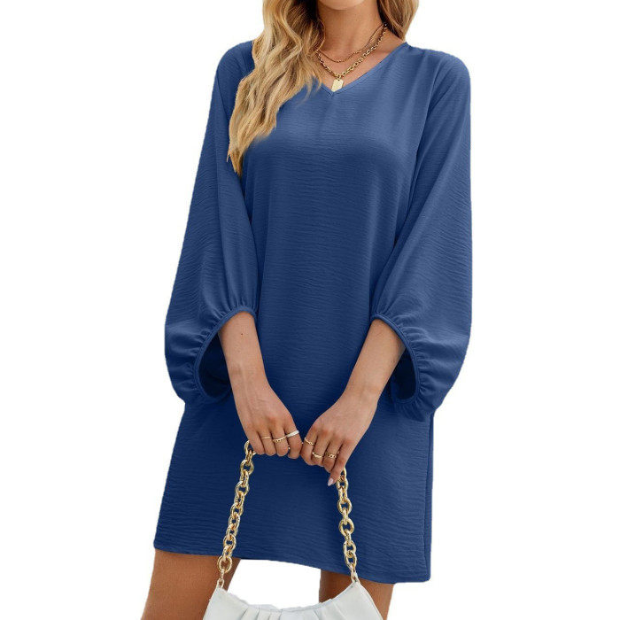 Solid Color V-Neck  Puff Sleeve Loose Fashion  Casual Dress
