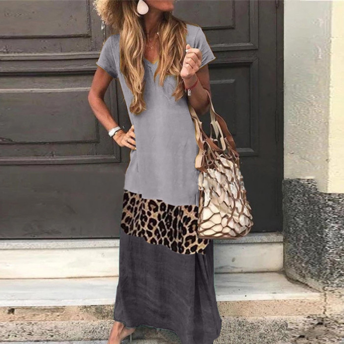 Fashionable Long Sleeves Casual Loose Stitching Printed V-Neck Maxi Dress